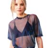 Metallic Shimmer Mesh Short Sleeve O-neck Tops
