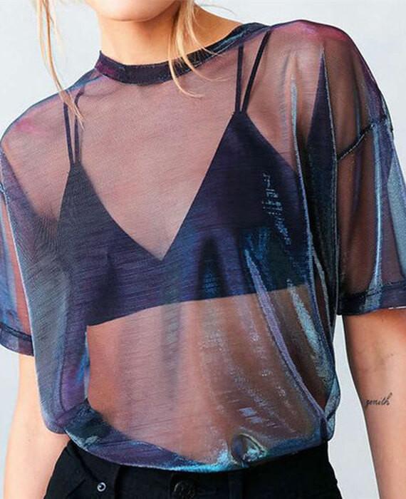 Metallic Shimmer Mesh Short Sleeve O-neck Tops