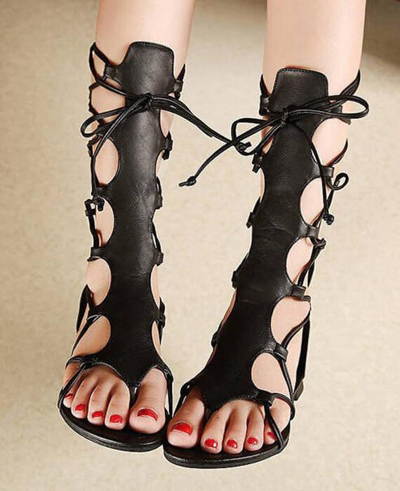 Open Toe Knee High Hollow Out PU Leather Gladiator Sandals