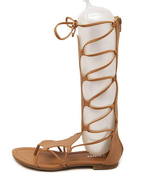 Open Toe Knee High Hollow Out PU Leather Gladiator Sandals