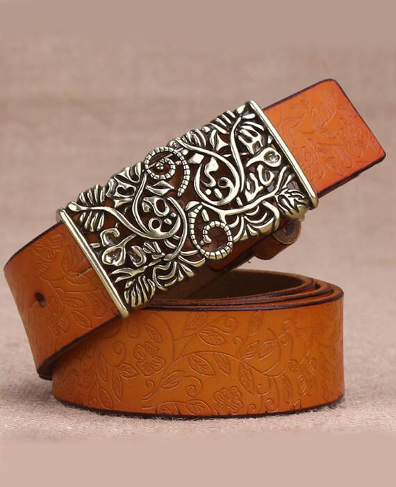 PU Leather Hllow Out Carved Buckle Belt Jeans Belts