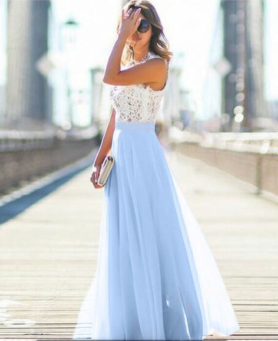 White Hollow Lace Patchwork Sleeveless Maxi Dress