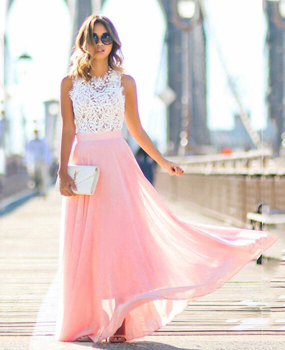 White Hollow Lace Patchwork Sleeveless Maxi Dress