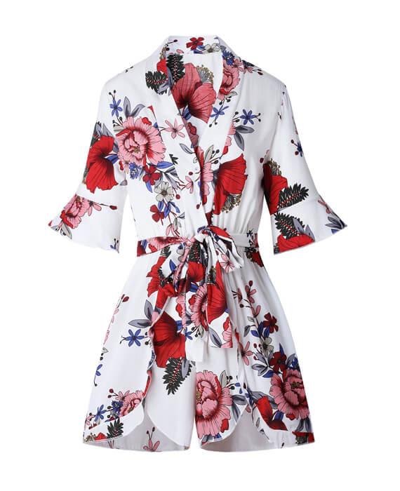 Floral Print V-Neck Ruffles Jumpsuit Loose Rompers