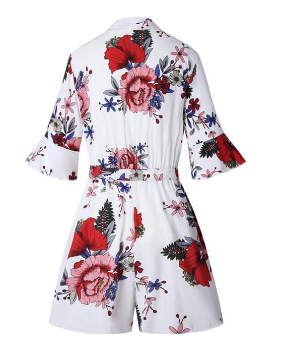 Floral Print V-Neck Ruffles Jumpsuit Loose Rompers