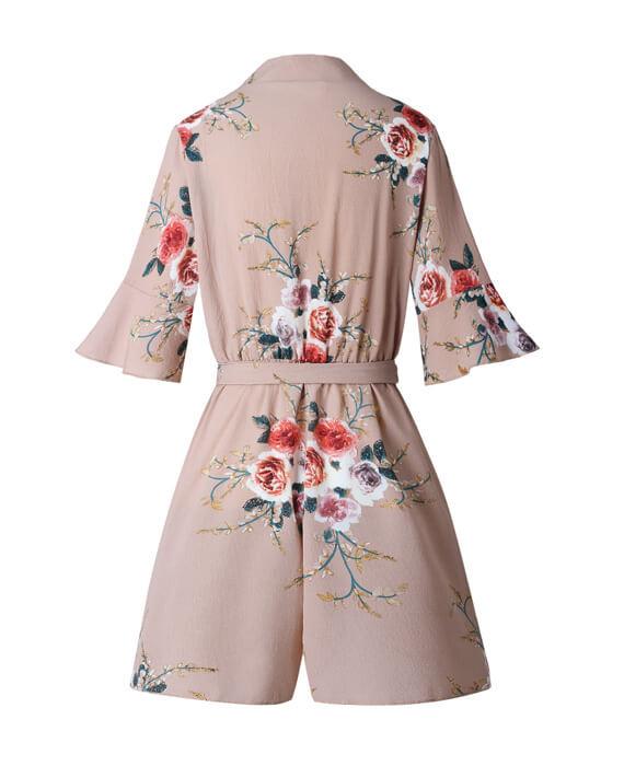 Floral Print V-Neck Ruffles Jumpsuit Loose Rompers