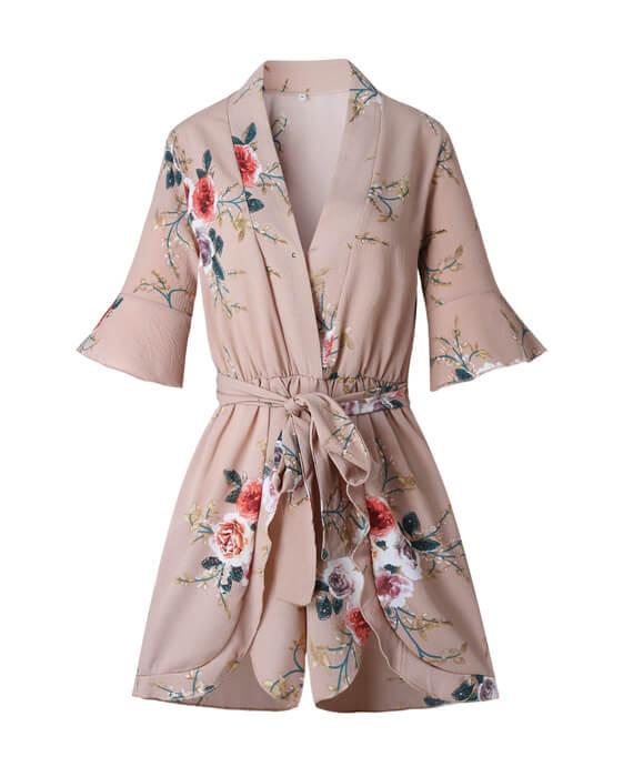 Floral Print V-Neck Ruffles Jumpsuit Loose Rompers