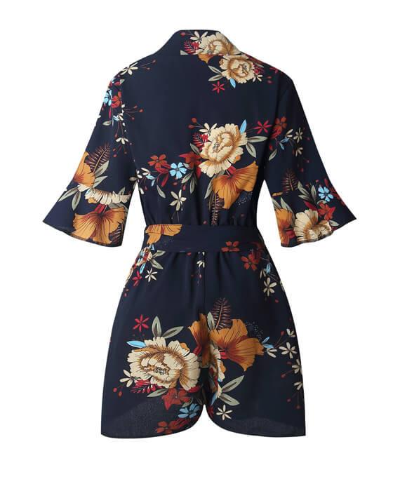 Floral Print V-Neck Ruffles Jumpsuit Loose Rompers