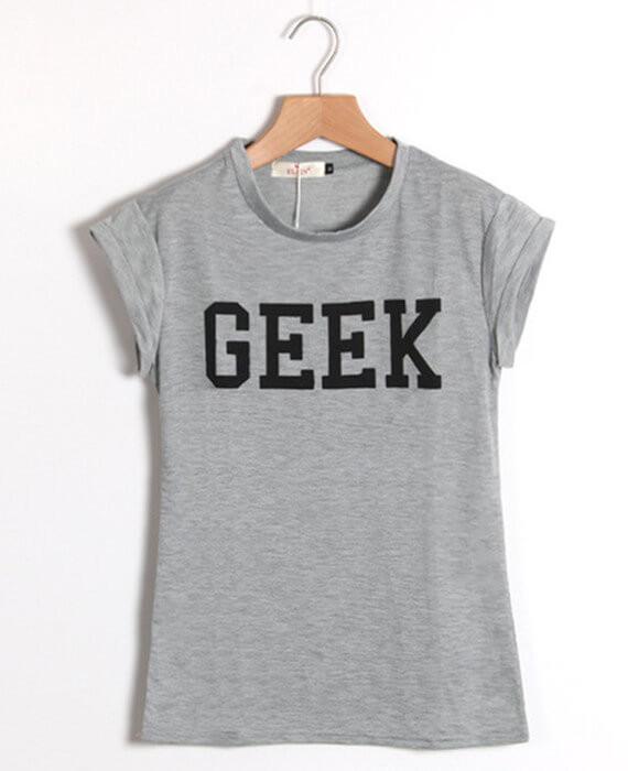 Geek Letter Print Casual O-Neck Slim T-shirts