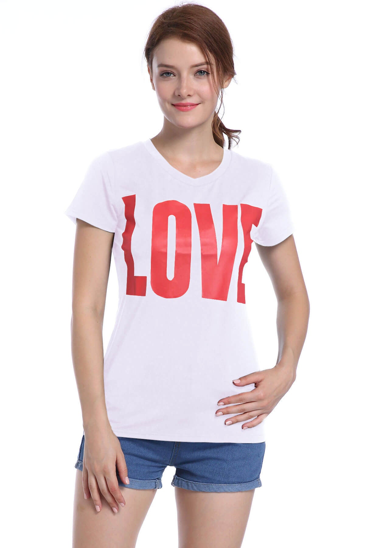 LOVE Letter Print V-Neck Slim Sexy Tops T-shirt