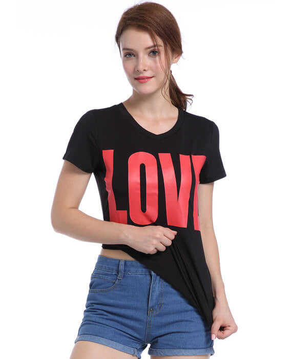 LOVE Letter Print V-Neck Slim Sexy Tops T-shirt