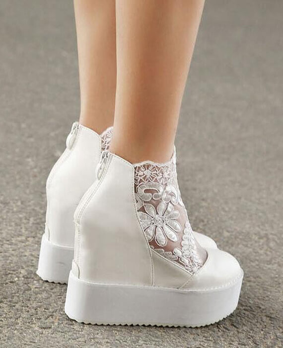 Lace Roman Wedge Heels White Platform Pumps