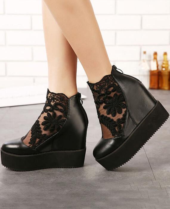 Lace Roman Wedge Heels White Platform Pumps