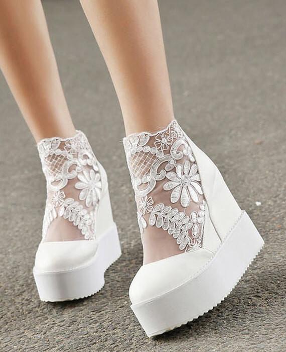 Lace Roman Wedge Heels White Platform Pumps