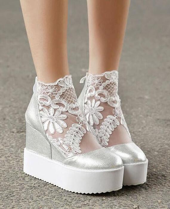 Lace Roman Wedge Heels White Platform Pumps