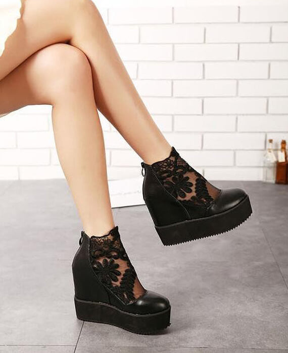 Lace Roman Wedge Heels White Platform Pumps