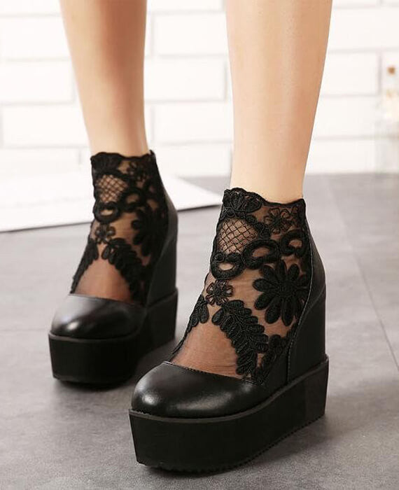 Lace Roman Wedge Heels White Platform Pumps