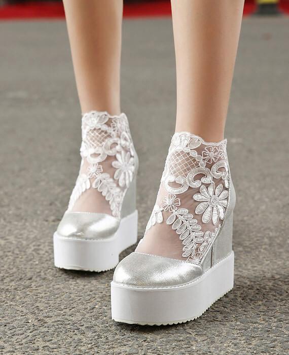 Lace Roman Wedge Heels White Platform Pumps