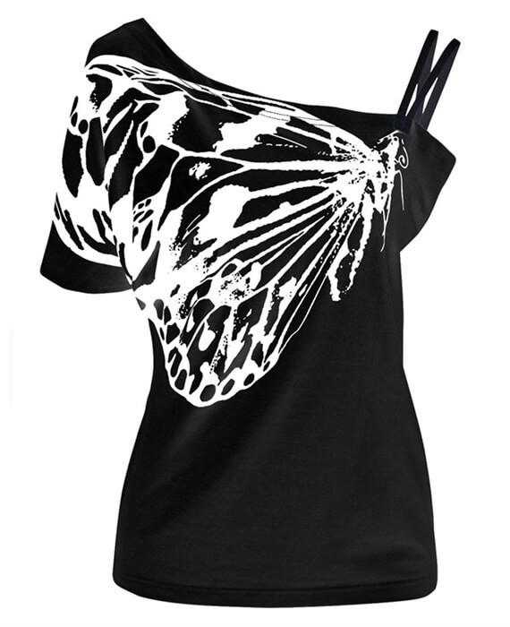 Oblique Butterfly Print Short Sleeve Cotton T-shirt