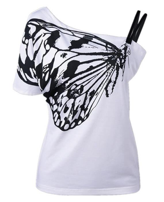 Oblique Butterfly Print Short Sleeve Cotton T-shirt