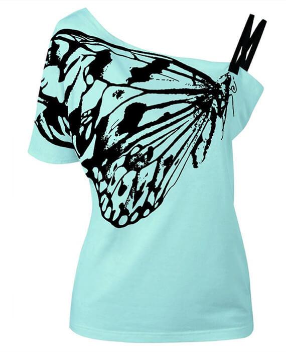 Oblique Butterfly Print Short Sleeve Cotton T-shirt