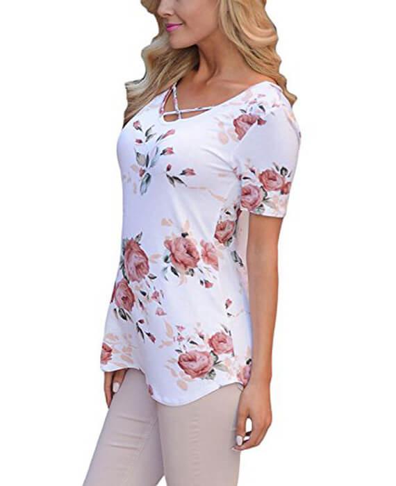 Punk flower Print Cross Bandage T-Shirt