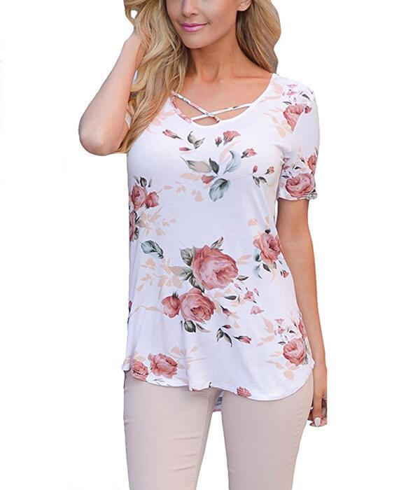Punk flower Print Cross Bandage T-Shirt