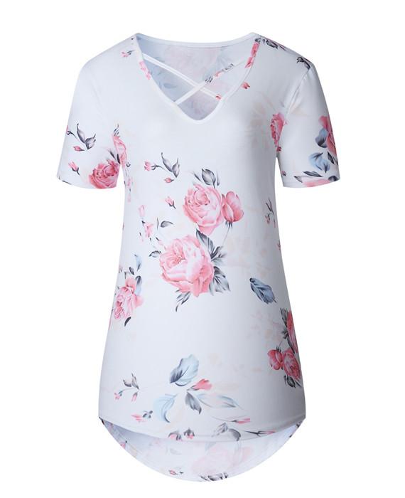 Punk flower Print Cross Bandage T-Shirt