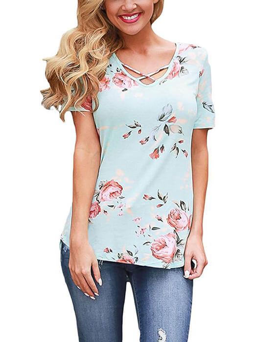 Punk flower Print Cross Bandage T-Shirt