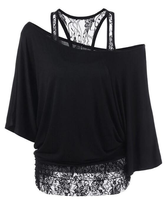 Skew Collar Lace Trim Casual T-shirt  Top Tees
