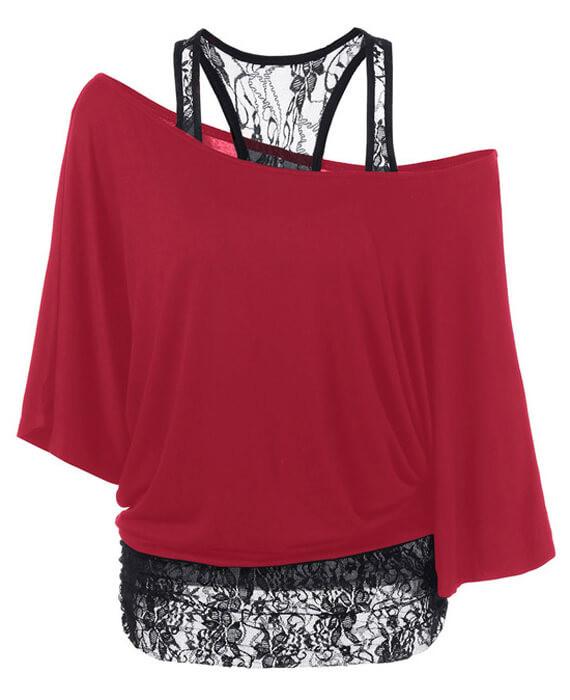 Skew Collar Lace Trim Casual T-shirt  Top Tees