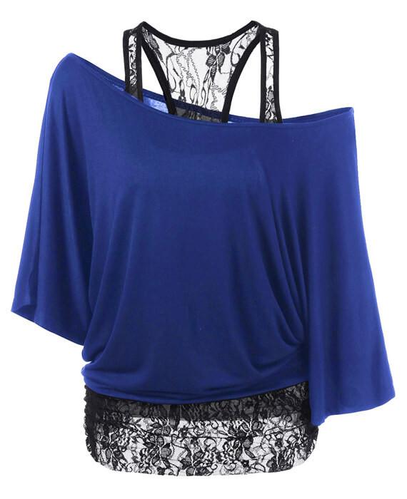 Skew Collar Lace Trim Casual T-shirt  Top Tees