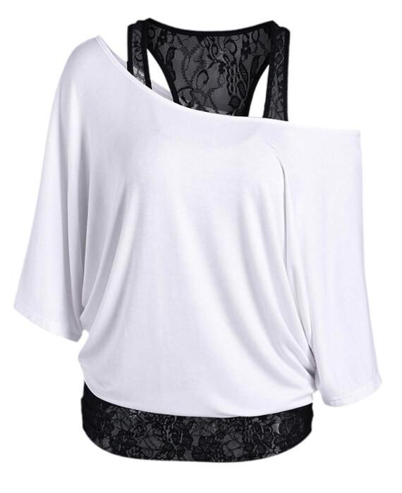 Skew Collar Lace Trim Casual T-shirt  Top Tees