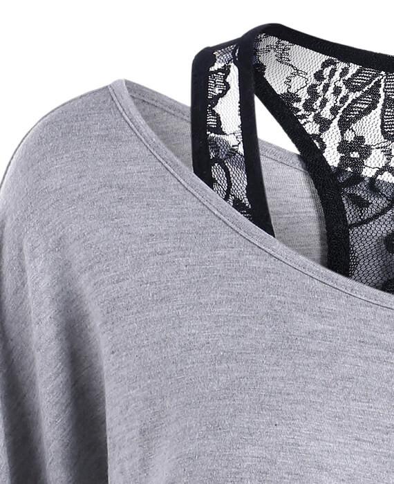 Skew Collar Lace Trim Casual T-shirt  Top Tees