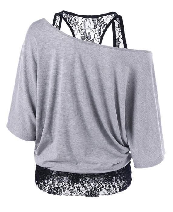 Skew Collar Lace Trim Casual T-shirt  Top Tees