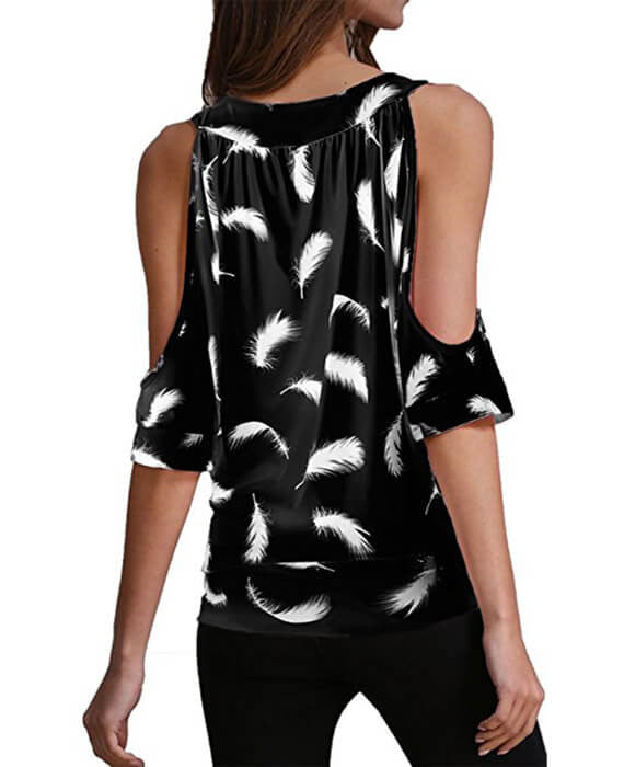 Cut Out Sleeve Feather Print Blouse T-Shirt