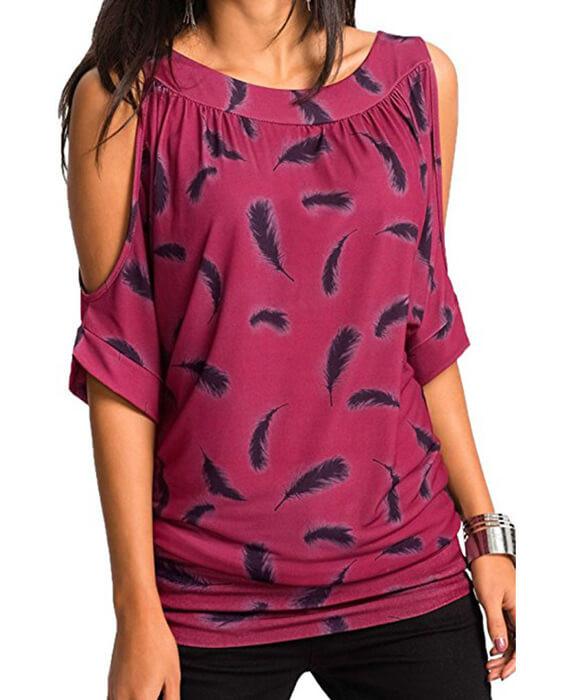 Cut Out Sleeve Feather Print Blouse T-Shirt