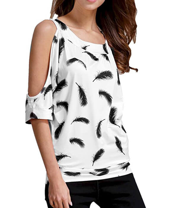 Cut Out Sleeve Feather Print Blouse T-Shirt