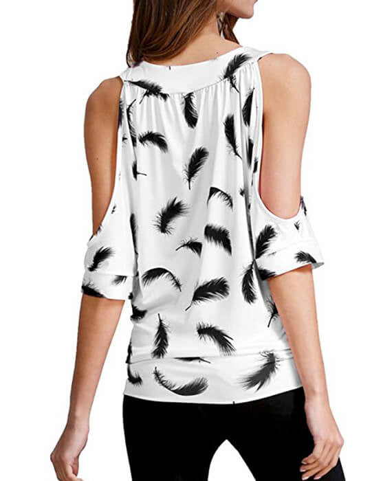 Cut Out Sleeve Feather Print Blouse T-Shirt