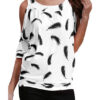 Cut Out Sleeve Feather Print Blouse T-Shirt