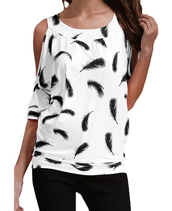 Cut Out Sleeve Feather Print Blouse T-Shirt