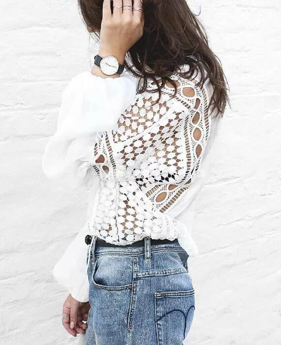 Loose White Lace Hollow Out Lantern Shirt Blouse