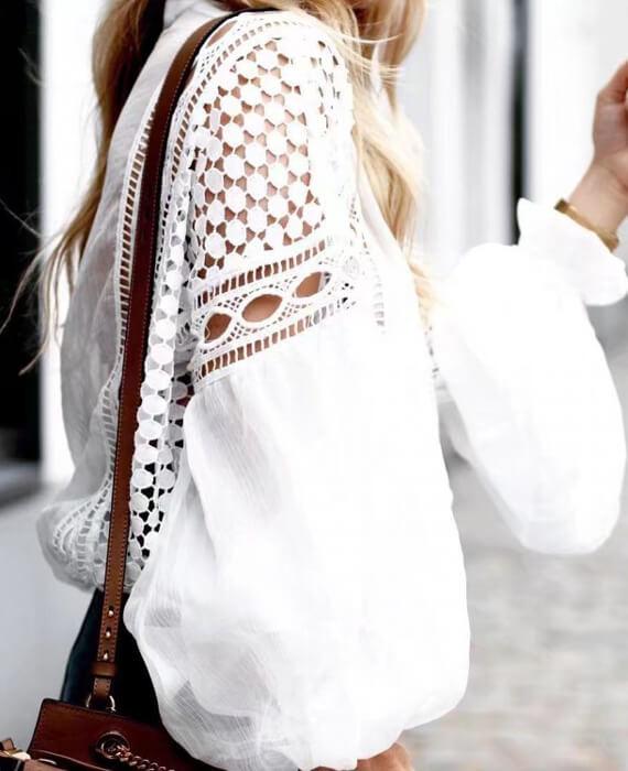 Loose White Lace Hollow Out Lantern Shirt Blouse