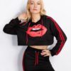 Red Mouth Print Two Pieces Hoodies and Skirt