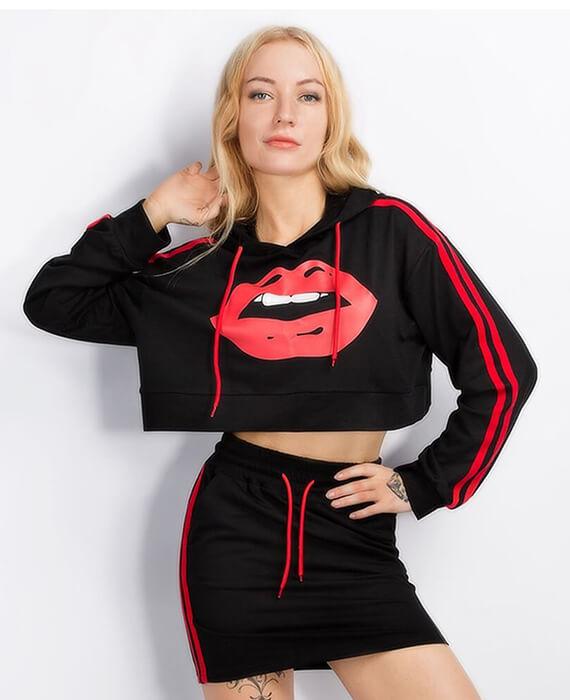Red Mouth Print Two Pieces Hoodies and Skirt