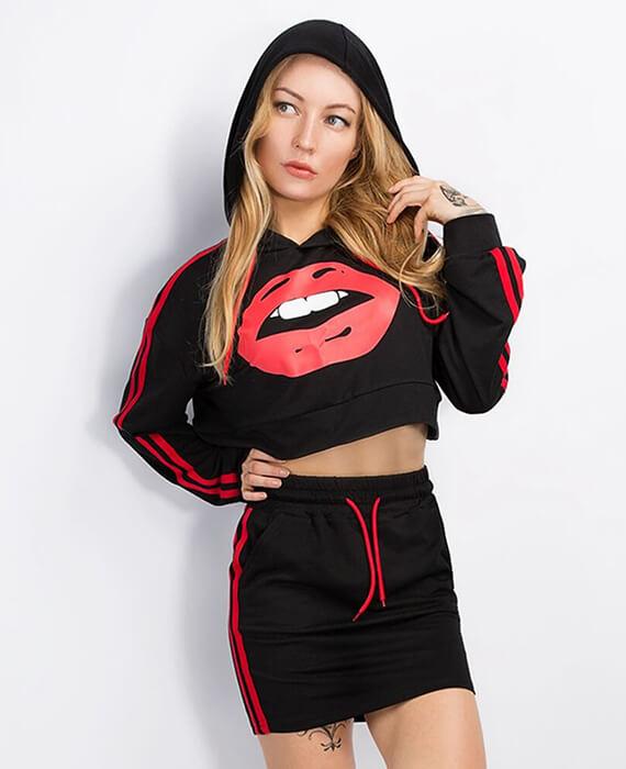 Red Mouth Print Two Pieces Hoodies and Skirt