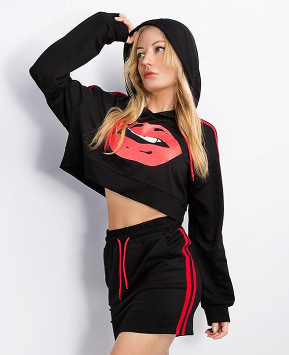 Red Mouth Print Two Pieces Hoodies and Skirt