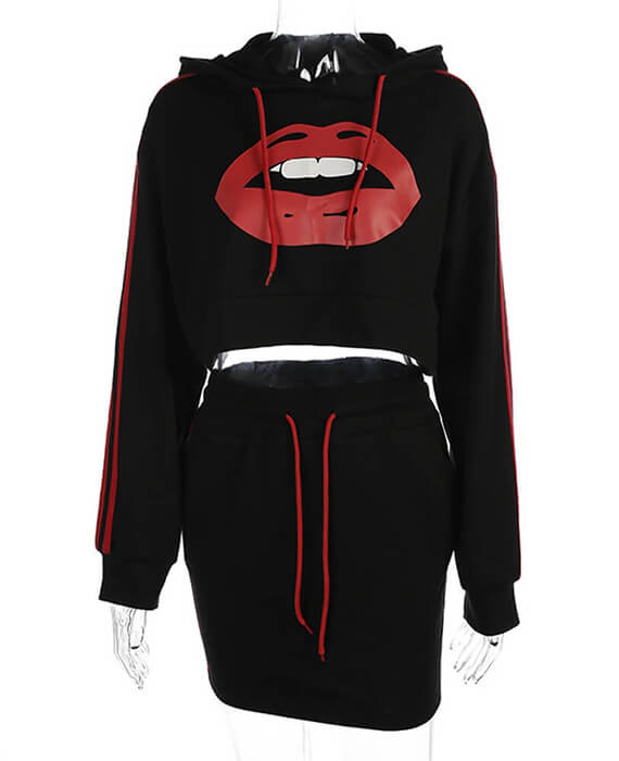 Red Mouth Print Two Pieces Hoodies and Skirt