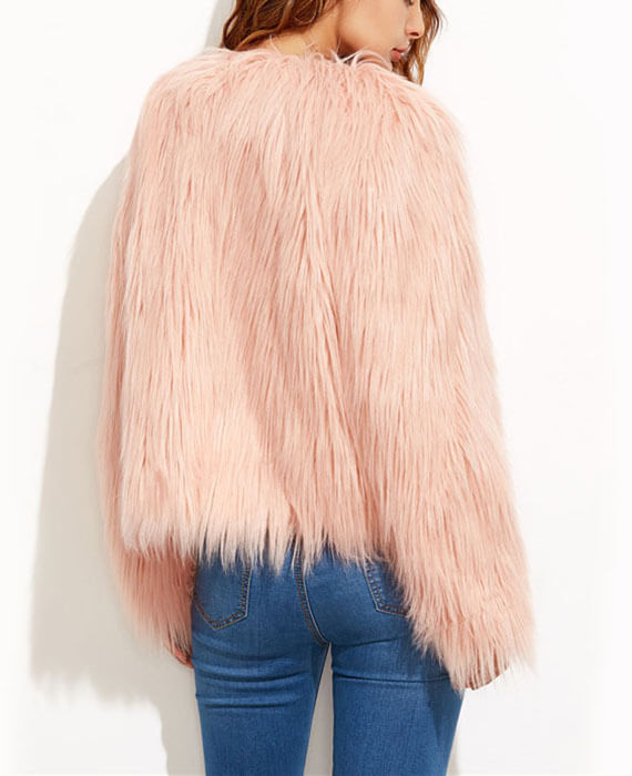 Faux Fur Long Sleeve Pink Jackets-2