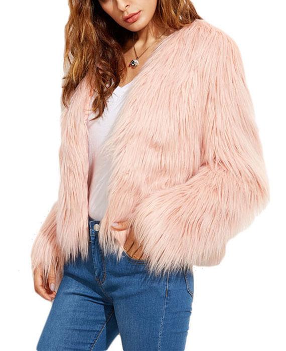 Faux Fur Long Sleeve Pink Jackets-3